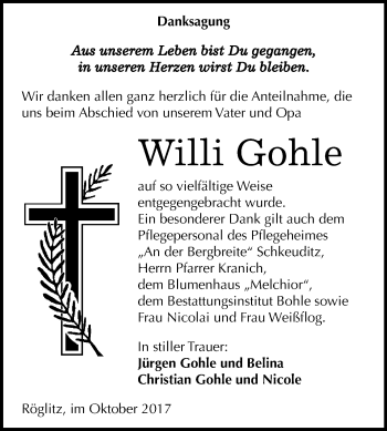 Traueranzeige von Willi Gohle von WVG - Wochenspiegel Merseburg