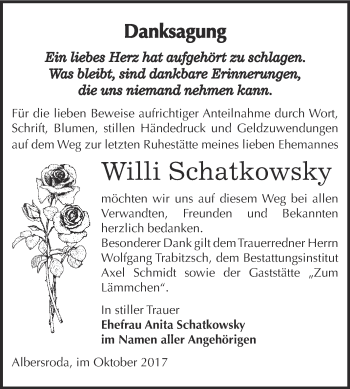 Traueranzeige von Willi Schatkowsky von WVG - Wochenspiegel NMB / WSF / ZTZ