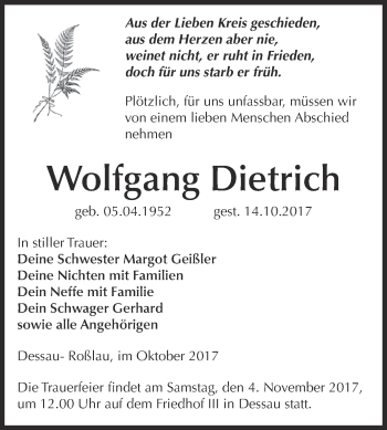 Traueranzeige von Wolfgang Dietrich von WVG - Wochenspiegel Dessau / Köthen