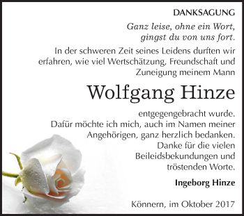 Traueranzeige von Wolfgang Hinze von Mitteldeutsche Zeitung Bernburg