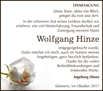 Traueranzeige von Wolfgang Hinze von Super Sonntag Bernburg