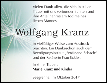 Traueranzeige von Wolfgang Kranz von Mitteldeutsche Zeitung