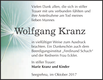 Traueranzeige von Wolfgang Kranz von Super Sonntag Wittenberg