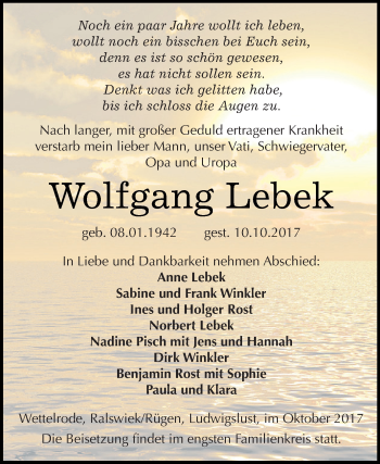 Traueranzeige von Wolfgang Lebek von Super Sonntag SGH Mansf. Land