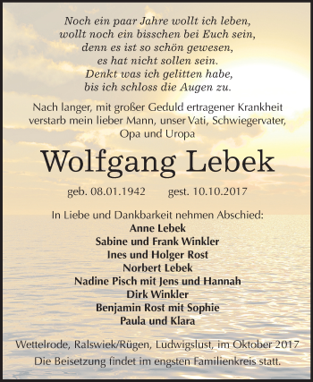 Traueranzeige von Wolfgang Lebek von Mitteldeutsche Zeitung