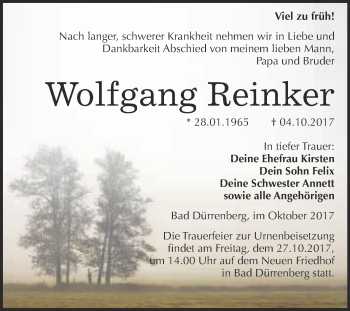 Traueranzeige von Wolfgang Reinker von Super Sonntag Merseburg