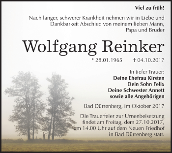 Traueranzeige von Wolfgang Reinker von Mitteldeutsche Zeitung Merseburg/Querfurt