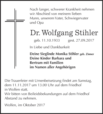 Traueranzeige von Wolfgang Stihler von WVG - Wochenspiegel Bitterfeld