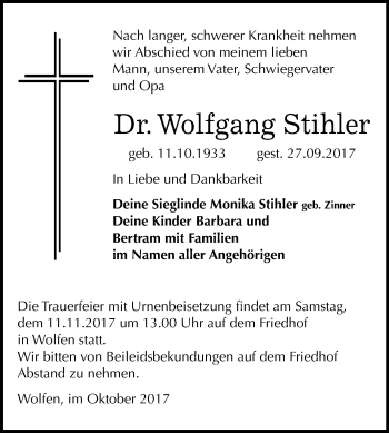 Traueranzeige von Wolfgang Stihler von Mitteldeutsche Zeitung Bitterfeld