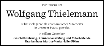 Traueranzeige von Wolfgang Thielemann von Mitteldeutsche Zeitung Halle/Saalkreis