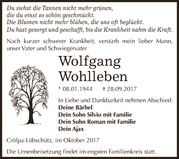 Traueranzeige von Wolfgang Wohlleben von WVG - Wochenspiegel NMB / WSF / ZTZ