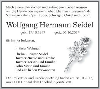 Traueranzeige von Wolfgang Hermann Seidel von WVG - Wochenspiegel Dessau / Köthen