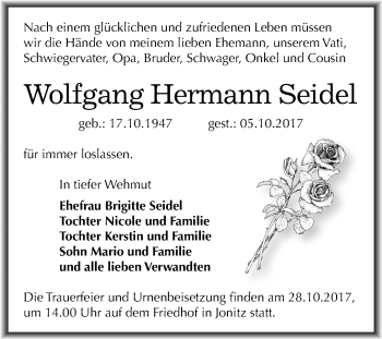 Traueranzeige von Wolfgang Hermann Seidel von Mitteldeutsche Zeitung Dessau-Roßlau