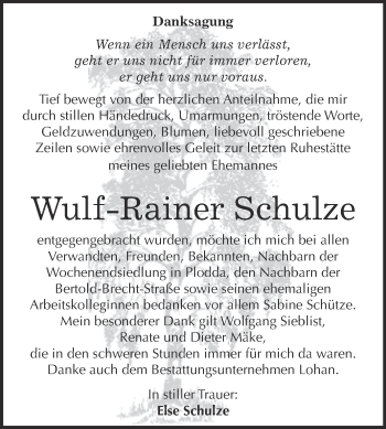 Traueranzeige von Wulf-Rainer Schulze von WVG - Wochenspiegel Bitterfeld