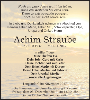 Traueranzeige von Achim Straube von Mitteldeutsche Zeitung Weißenfels