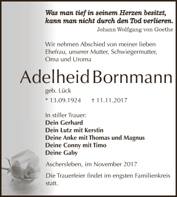 Traueranzeige von Adelheid Bornmann von Super Sonntag Aschersleben