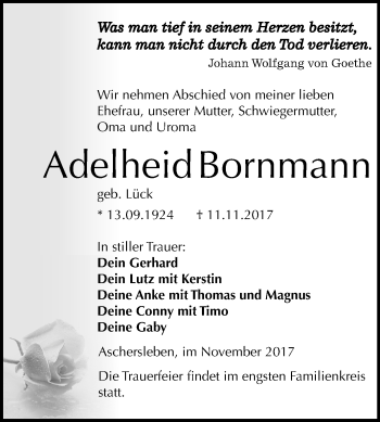 Traueranzeige von Adelheid Bornmann von Mitteldeutsche Zeitung Aschersleben