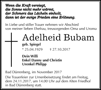 Traueranzeige von Adelheid Bubam von Mitteldeutsche Zeitung Merseburg/Querfurt
