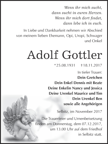 Traueranzeige von Adolf Gottler von WVG - Wochenspiegel Wittenberg
