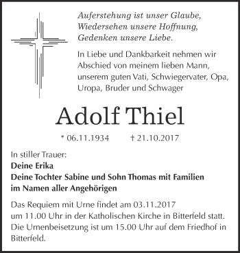 Traueranzeige von Adolf Thiel von WVG - Wochenspiegel Bitterfeld