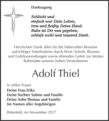 Traueranzeige von Adolf Thiel von WVG - Wochenspiegel Bitterfeld