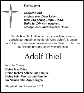 Traueranzeige von Adolf Thiel von Mitteldeutsche Zeitung Bitterfeld