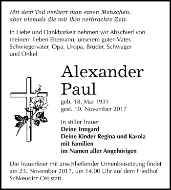Traueranzeige von Alexander Paul von Mitteldeutsche Zeitung Merseburg/Querfurt
