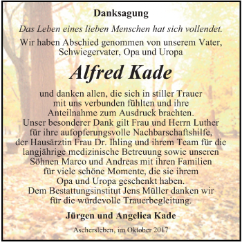 Traueranzeige von Alfred Kade von Mitteldeutsche Zeitung Aschersleben