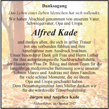 Traueranzeige von Alfred Kade von Super Sonntag Aschersleben