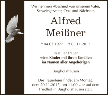 Traueranzeige von Alfred Meißner von WVG - Wochenspiegel NMB / WSF / ZTZ