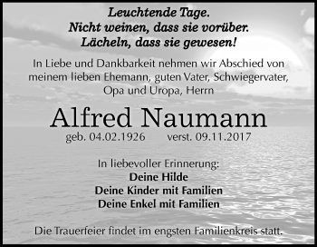 Traueranzeige von Alfred Naumann von Mitteldeutsche Zeitung Weißenfels