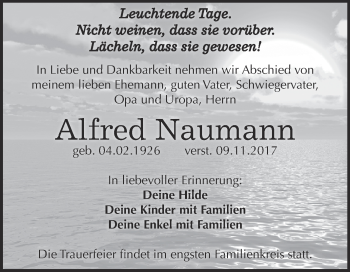 Traueranzeige von Alfred Naumann von WVG - Wochenspiegel NMB / WSF / ZTZ