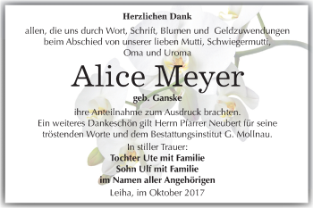 Traueranzeige von Alice Meyer von Mitteldeutsche Zeitung Merseburg/Querfurt
