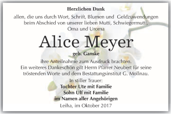Traueranzeige von Alice Meyer von WVG - Wochenspiegel Merseburg