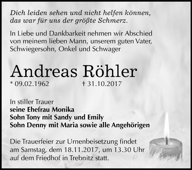  Traueranzeige für Andreas Röhler vom 08.11.2017 aus Mitteldeutsche Zeitung Weißenfels