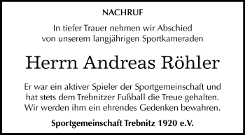 Traueranzeige von Andreas Röhler von Mitteldeutsche Zeitung Weißenfels