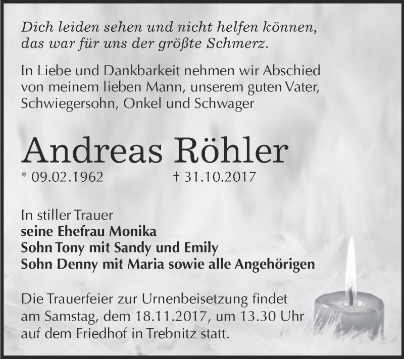  Traueranzeige für Andreas Röhler vom 11.11.2017 aus Super Sonntag Zeitz