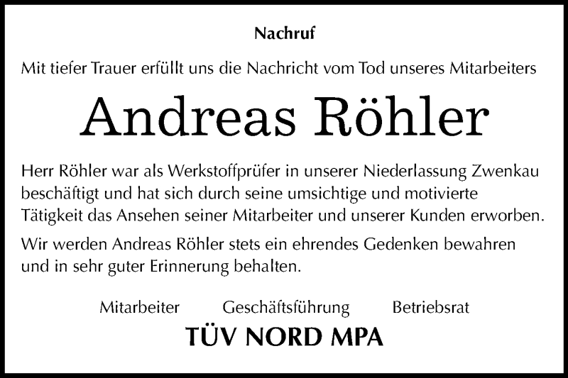  Traueranzeige für Andreas Röhler vom 11.11.2017 aus Mitteldeutsche Zeitung Weißenfels