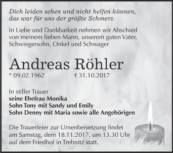 Traueranzeige von Andreas Röhler von Super Sonntag Zeitz