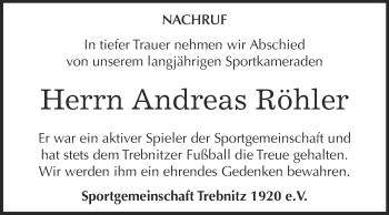 Traueranzeige von Andreas Röhler von WVG - Wochenspiegel NMB / WSF / ZTZ
