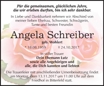 Traueranzeige von Angela Schreiber von Mitteldeutsche Zeitung Bitterfeld