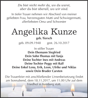 Traueranzeige von Angelika Kunze von WVG - Wochenspiegel Wittenberg