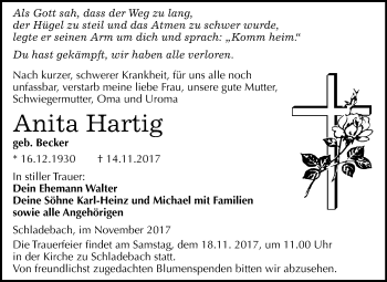 Traueranzeige von Anita Hartig von Mitteldeutsche Zeitung Merseburg/Querfurt