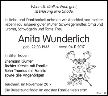 Traueranzeige von Anita Wunderlich von WVG - Wochenspiegel NMB / WSF / ZTZ