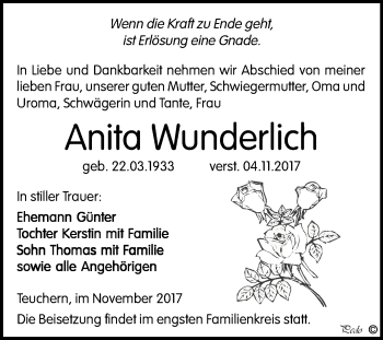 Traueranzeige von Anita Wunderlich von Mitteldeutsche Zeitung Weißenfels