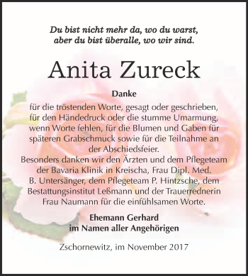 Traueranzeige von Anita Zureck von WVG - Wochenspiegel Wittenberg