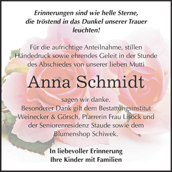 Traueranzeige von Anna Schmidt von Super Sonntag Bernburg