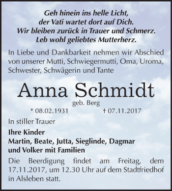 Traueranzeige von Anna Schmidt von Mitteldeutsche Zeitung Bernburg