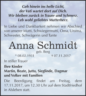 Traueranzeige von Anna Schmidt von Super Sonntag Bernburg