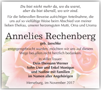 Traueranzeige von Annelies Rechenberg von Mitteldeutsche Zeitung Merseburg/Querfurt